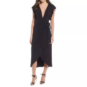 NWT Misa Los Angeles Irina Black Wrap Dress V-Neck‎ Flutter Sleeves Midi S, M